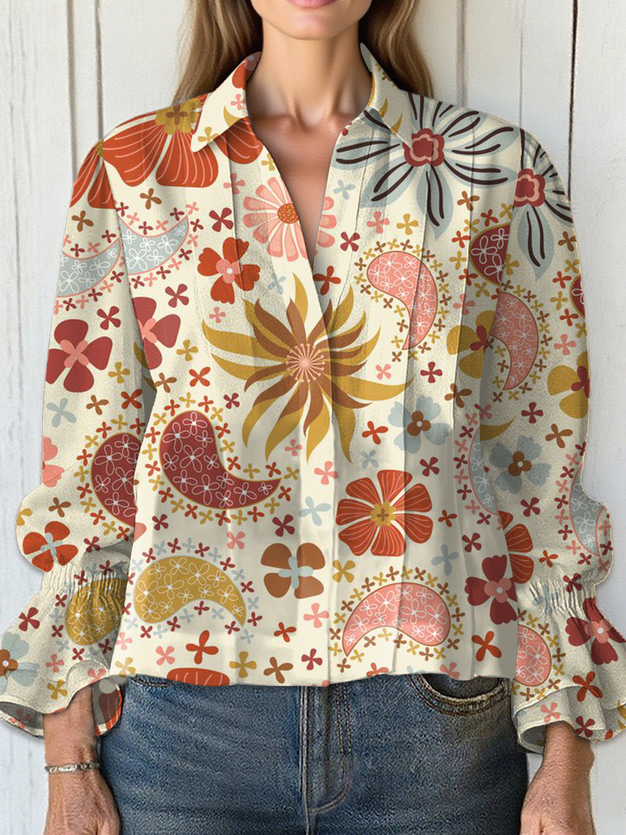 Women's  Vintage Cashew Flower  Art Print Casual  Cotton And Linen Shirt