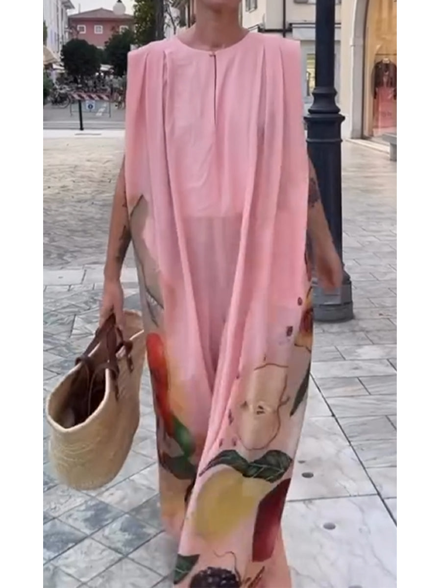 Women's Cotton and Linen Fruit Print Maxi Culotte Jumpsuit