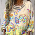 Damen-Langarmshirt aus Baumwolle mit Vintage-Cashewblüten-Kunstdruck, lässig und bequem 