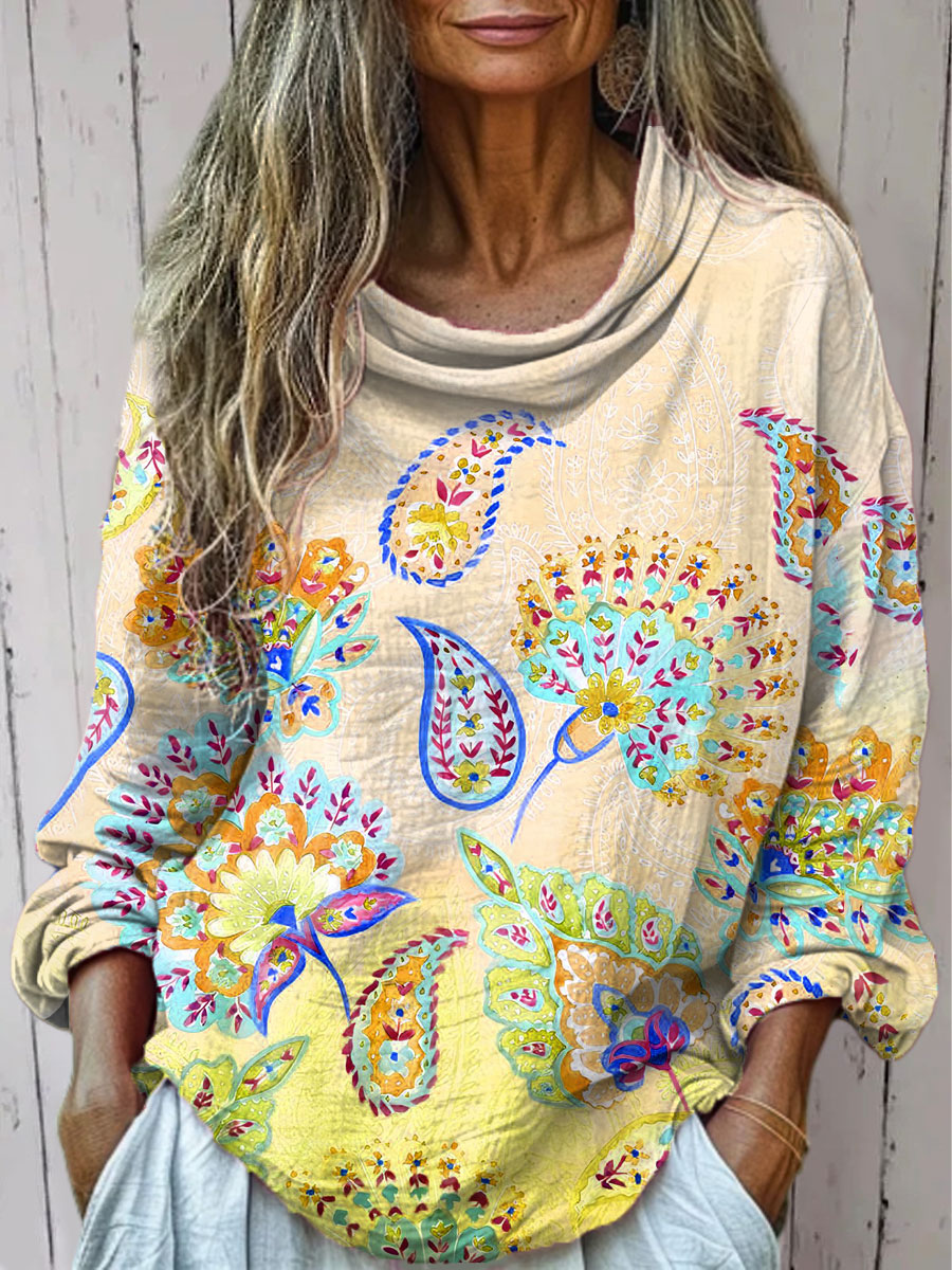 Women's  Vintage Cashew Flower Art Print Casual Long Sleeve Comfortable Cotton Shirt