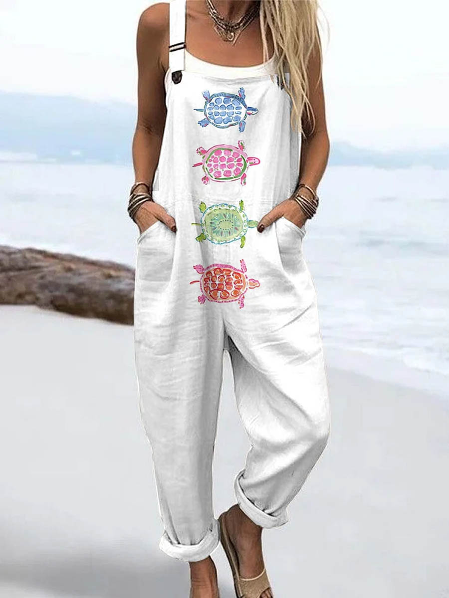 Women's Lovely Turtle Art Print Casual 100% Cotton Wide Leg Jumpsuit