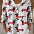 Women's Lovely Christmas Dogs Art Printed Casual Hooded Button Sweater