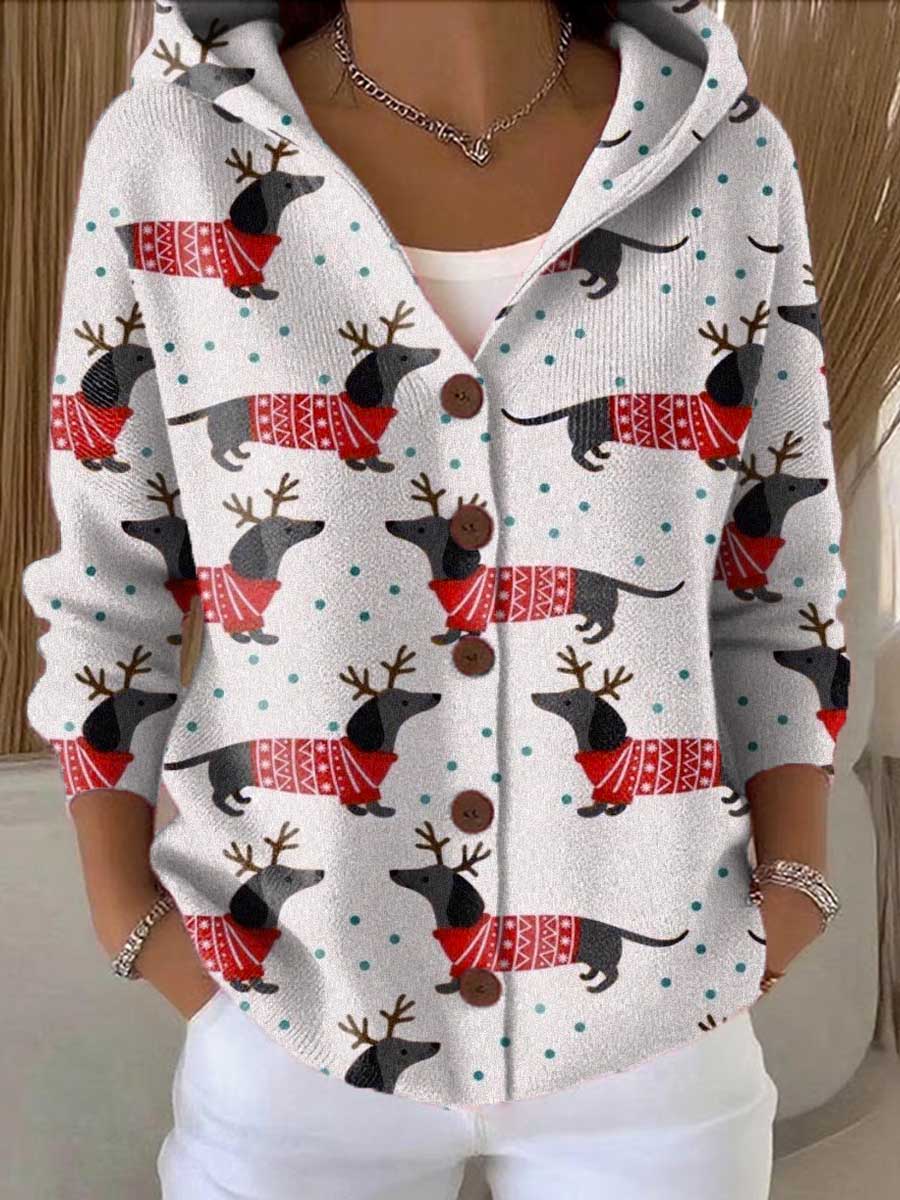 Women's Lovely Christmas Dogs Art Printed Casual Hooded Button Sweater