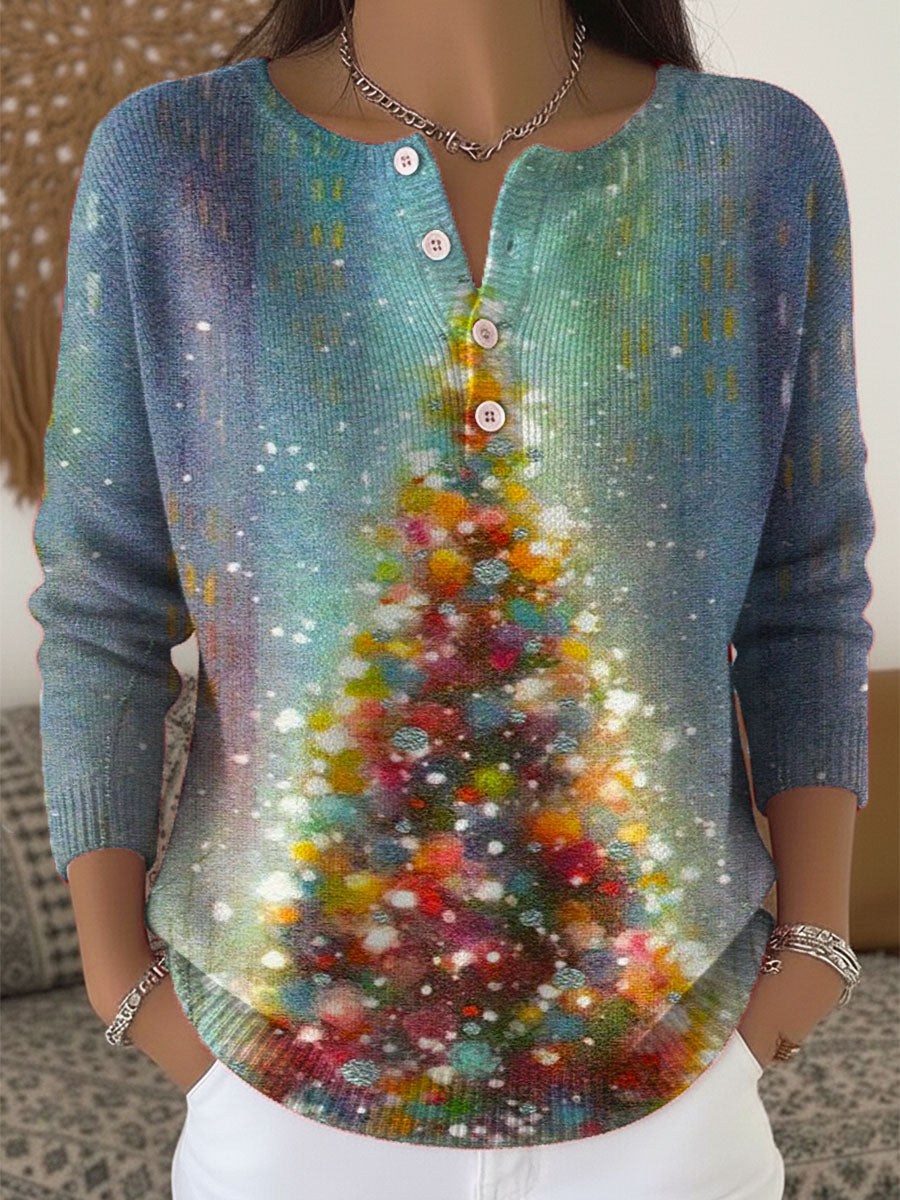 Women's Christmas Tree Art Print Buttoned Cardigan Sweater