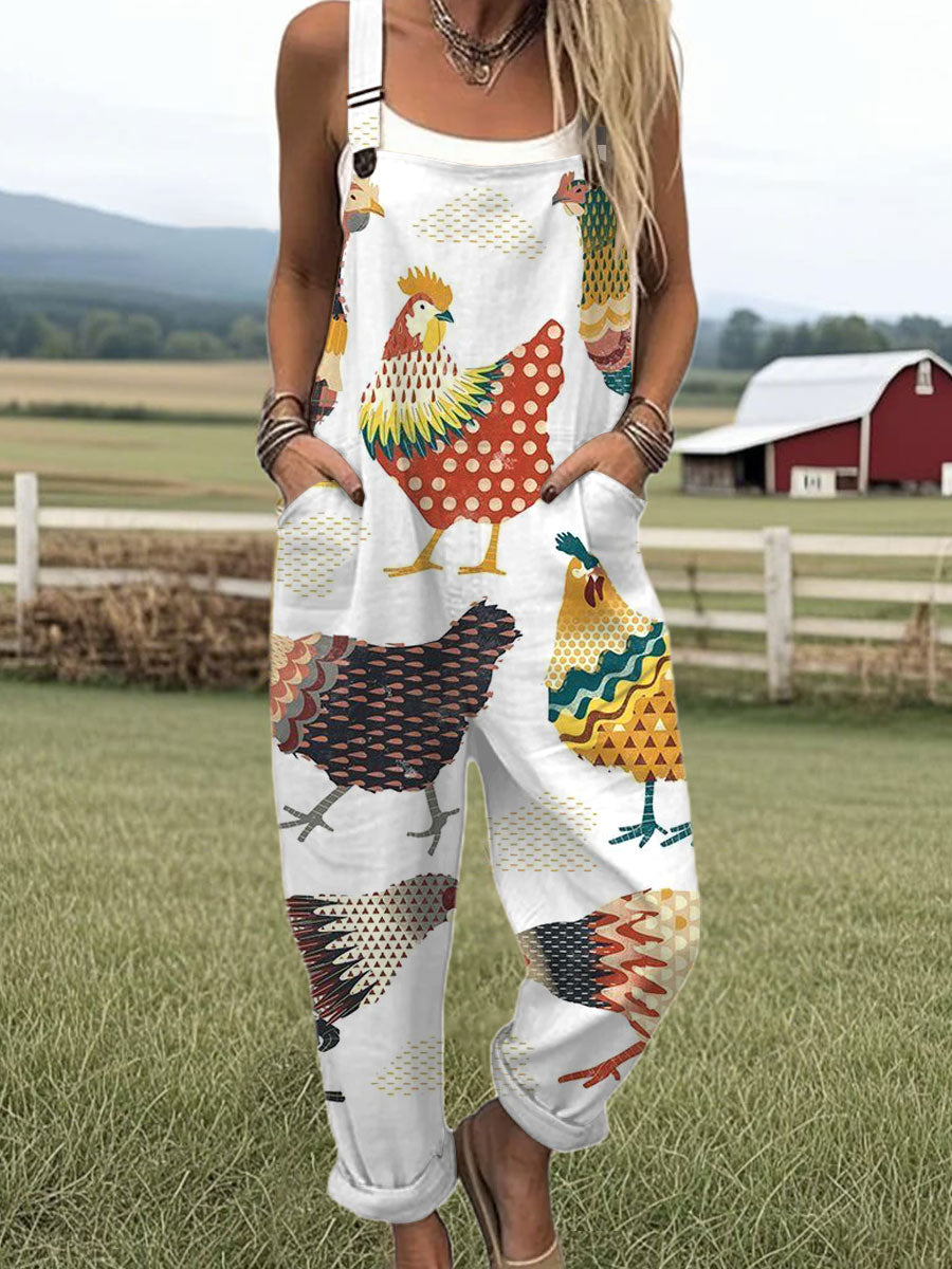 Women's  Funny Chicken Art Print Casual 100% Cotton Wide Leg Jumpsuit