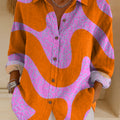 Women's Irregular Sized Waves Print Casual Cotton Shirt
