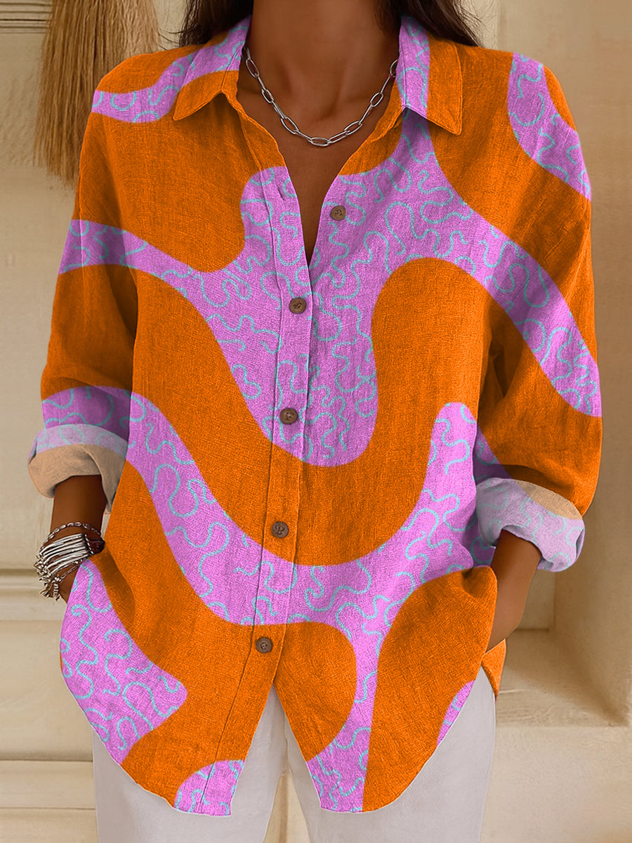 Women's Irregular Sized Waves Print Casual Cotton Shirt