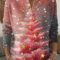 Pink Christmas Tree Pattern Print Henley Neck Sparkling Sequin Sweater