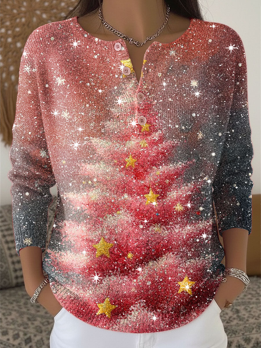 Pink Christmas Tree Pattern Print Henley Neck Sparkling Sequin Sweater