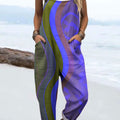 Women's Colorful Abstract Stripes Geometric Art Print Casual 100% Cotton Wide Leg Jumpsuit