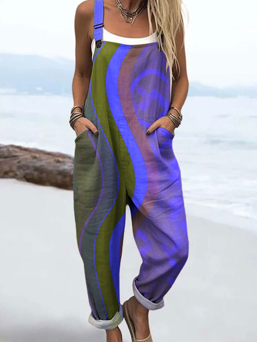 Women's Colorful Abstract Stripes Geometric Art Print Casual 100% Cotton Wide Leg Jumpsuit