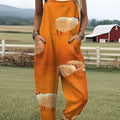 Women's  Vintage Sheep Art Print Casual 100% Cotton Wide Leg Jumpsuit