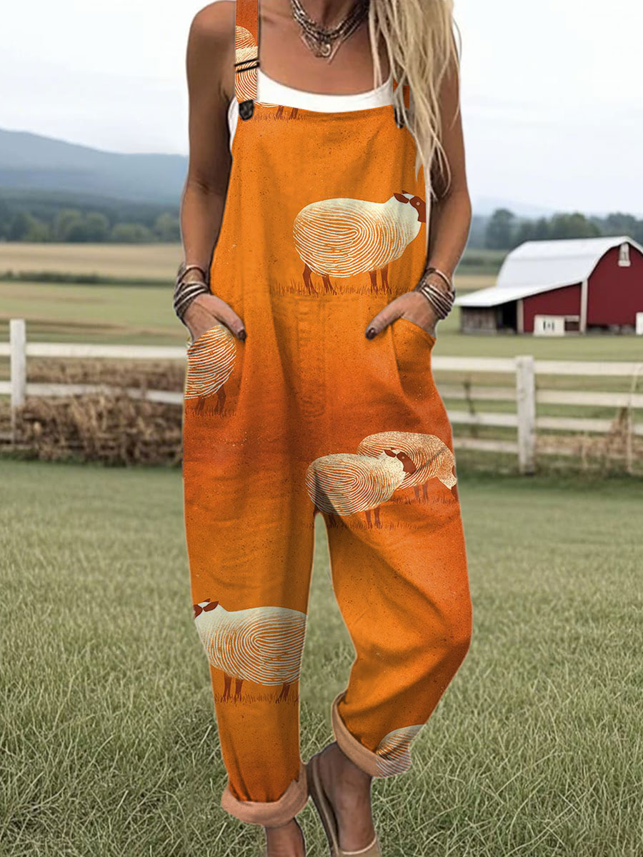 Women's  Vintage Sheep Art Print Casual 100% Cotton Wide Leg Jumpsuit