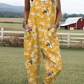 Women's  Bee Flower Art Print Casual 100% Cotton Wide Leg Jumpsuit
