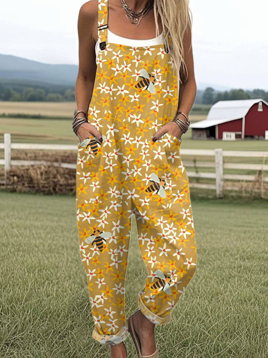 Women's  Bee Flower Art Print Casual 100% Cotton Wide Leg Jumpsuit