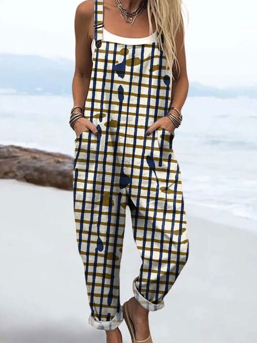 Women's Retro Plaid Art Print Casual 100% Cotton Wide Leg Jumpsuit