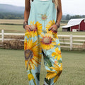 Women's Lovely Sunflowers Pattern Art Print Casual 100% Cotton Wide Leg Jumpsuit