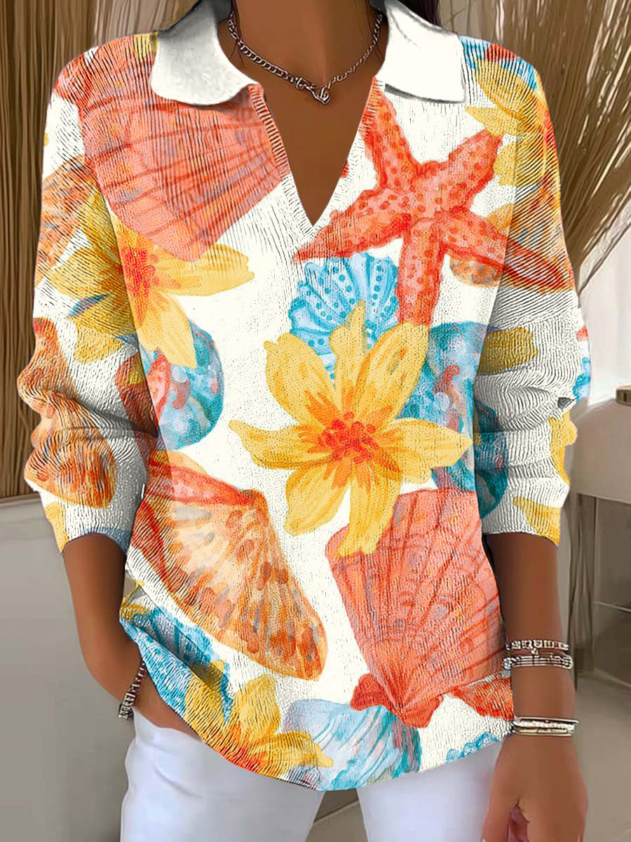 womens-starfish-flower-shell-printed-casual-sweater
