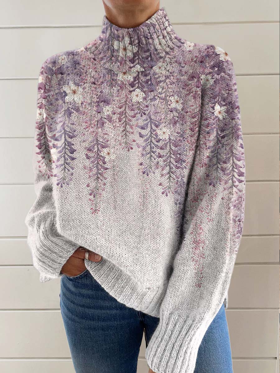 womens-purple-art-flower-print-knit-turtleneck-pullover-sweater