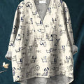 Women's Cute Dog Art Print Casual Cotton And Linen V-neck Shirt