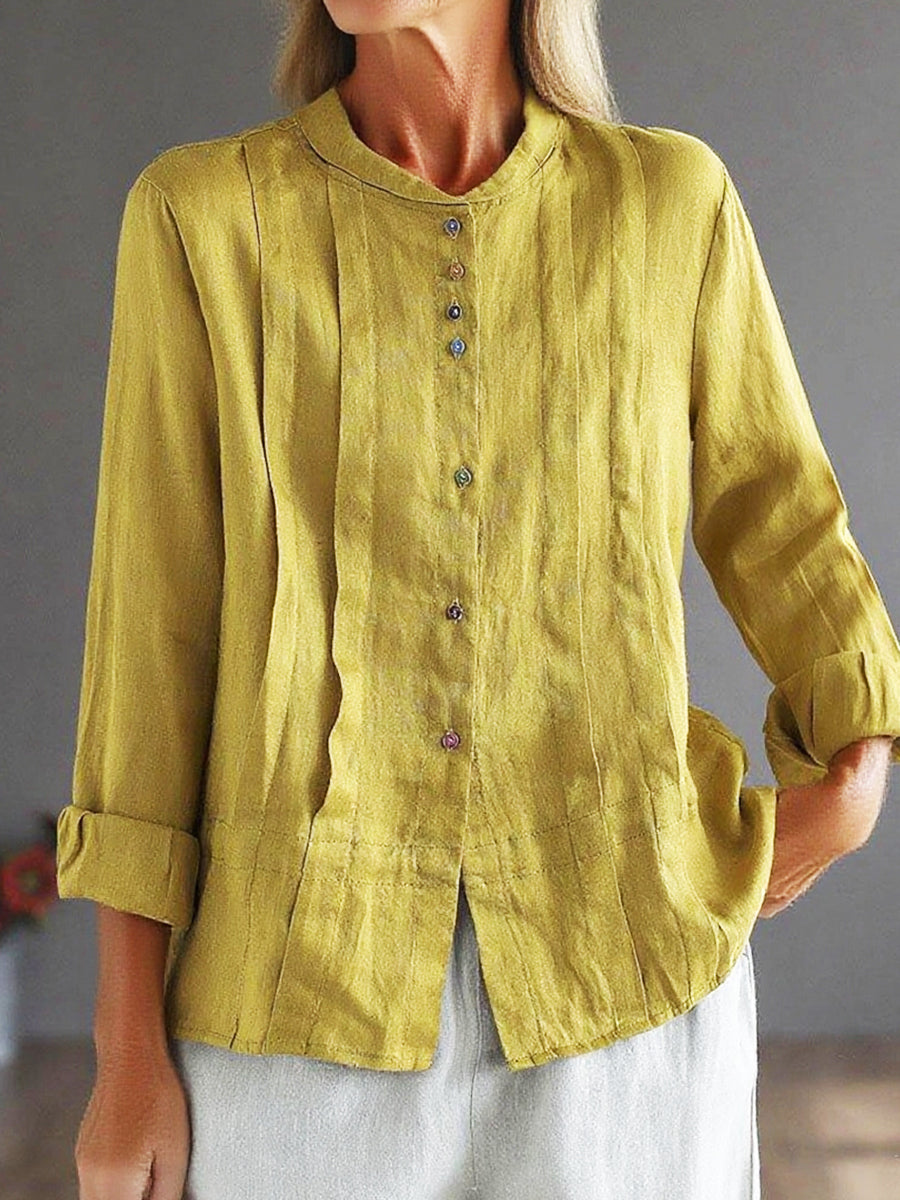 Women's Pleated Drawstring Button Cotton and Linen Shirt