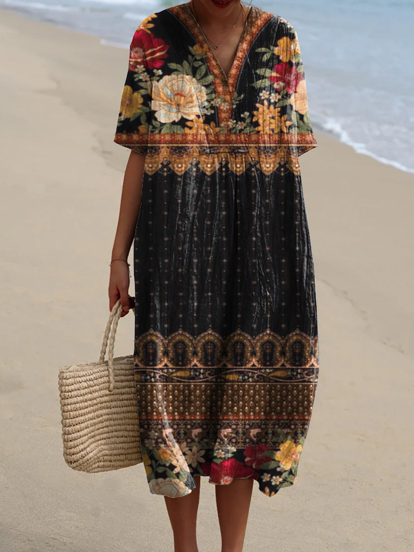Ethnic Style Floral Pattern Printed Women's Flowy Dress