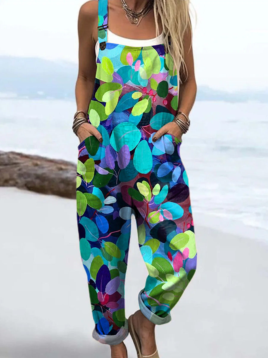 Women's Lovely Floral Art Print Casual 100% Cotton Wide Leg Jumpsuit