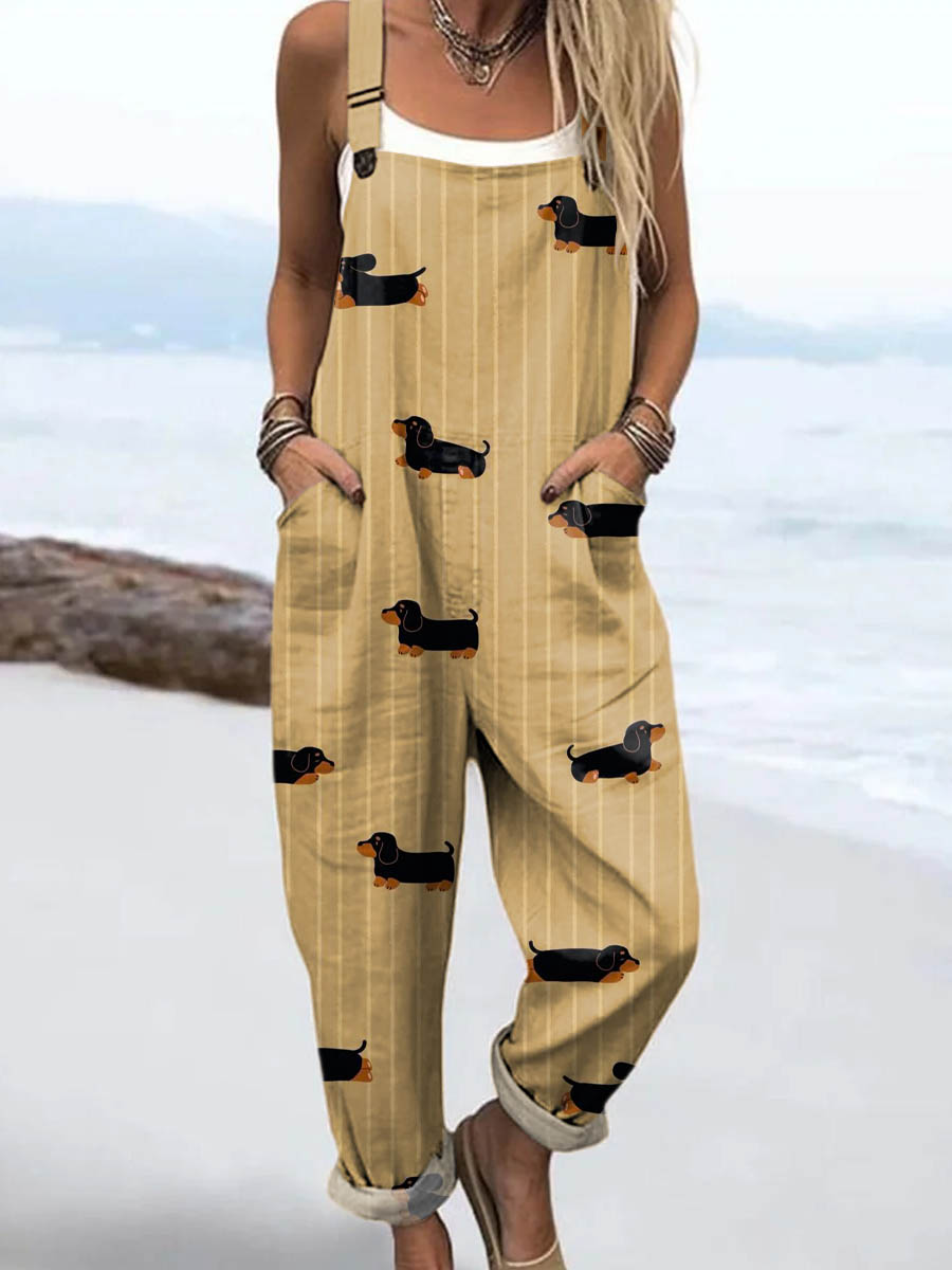 Women's Funny Dogs Pattern Art Print Casual 100% Cotton Wide Leg Jumpsuit