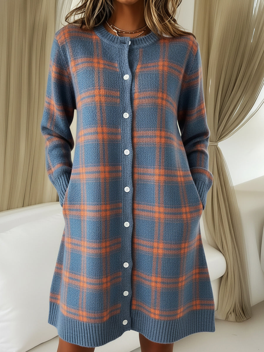 Retro Round Neck Button Contrast Plaid Print A-line Dress