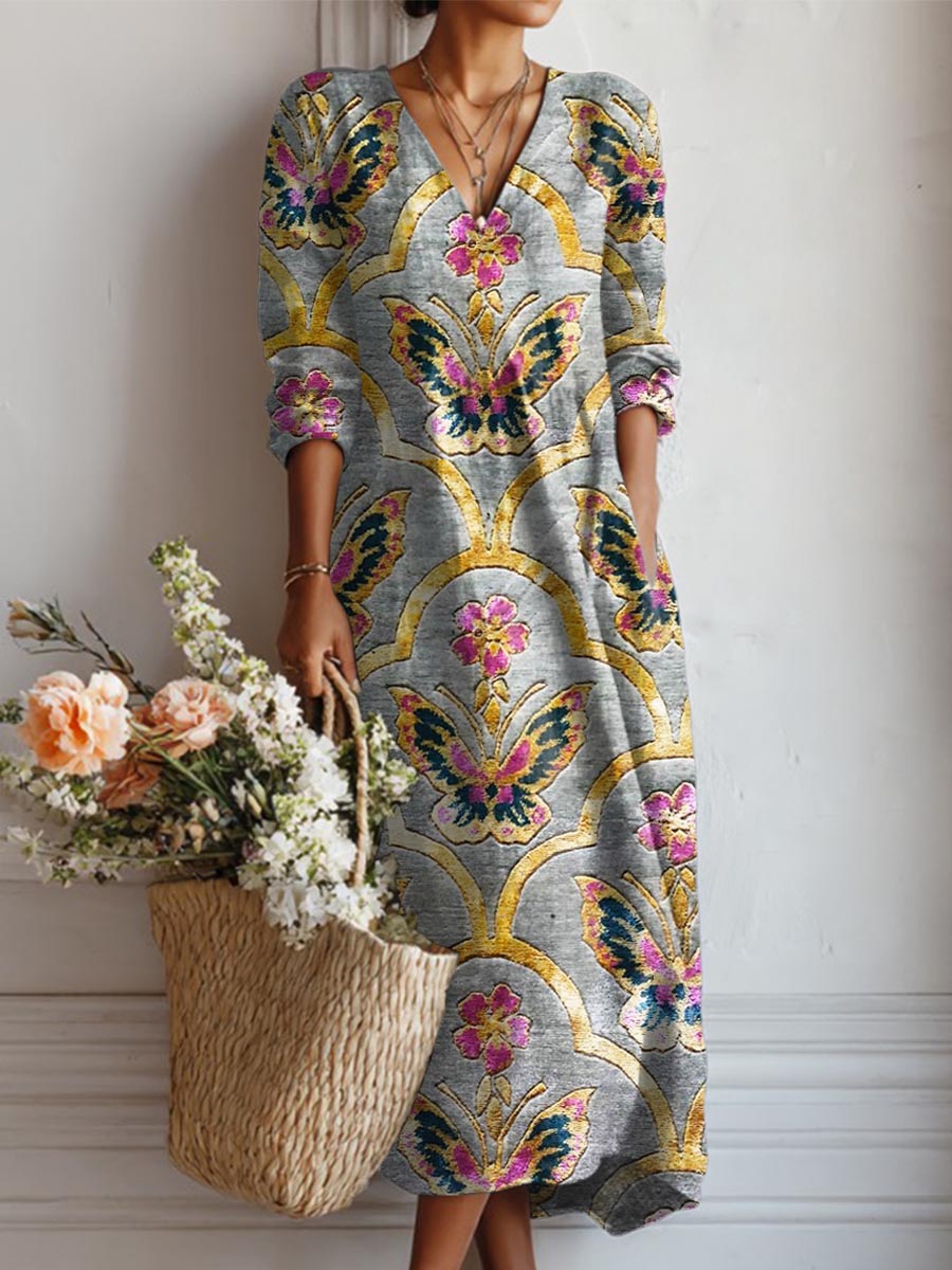 Women's Lovely Butterfly Art Print Casual Cotton Linen Pocket Dress