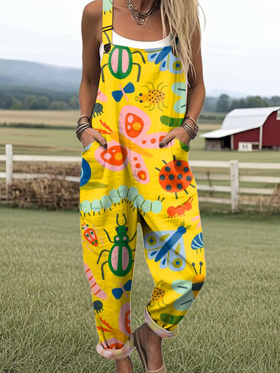 Women's Colorful Cute Insects Doodle Drawing Art Print Casual 100% Cotton Wide Leg Jumpsuit