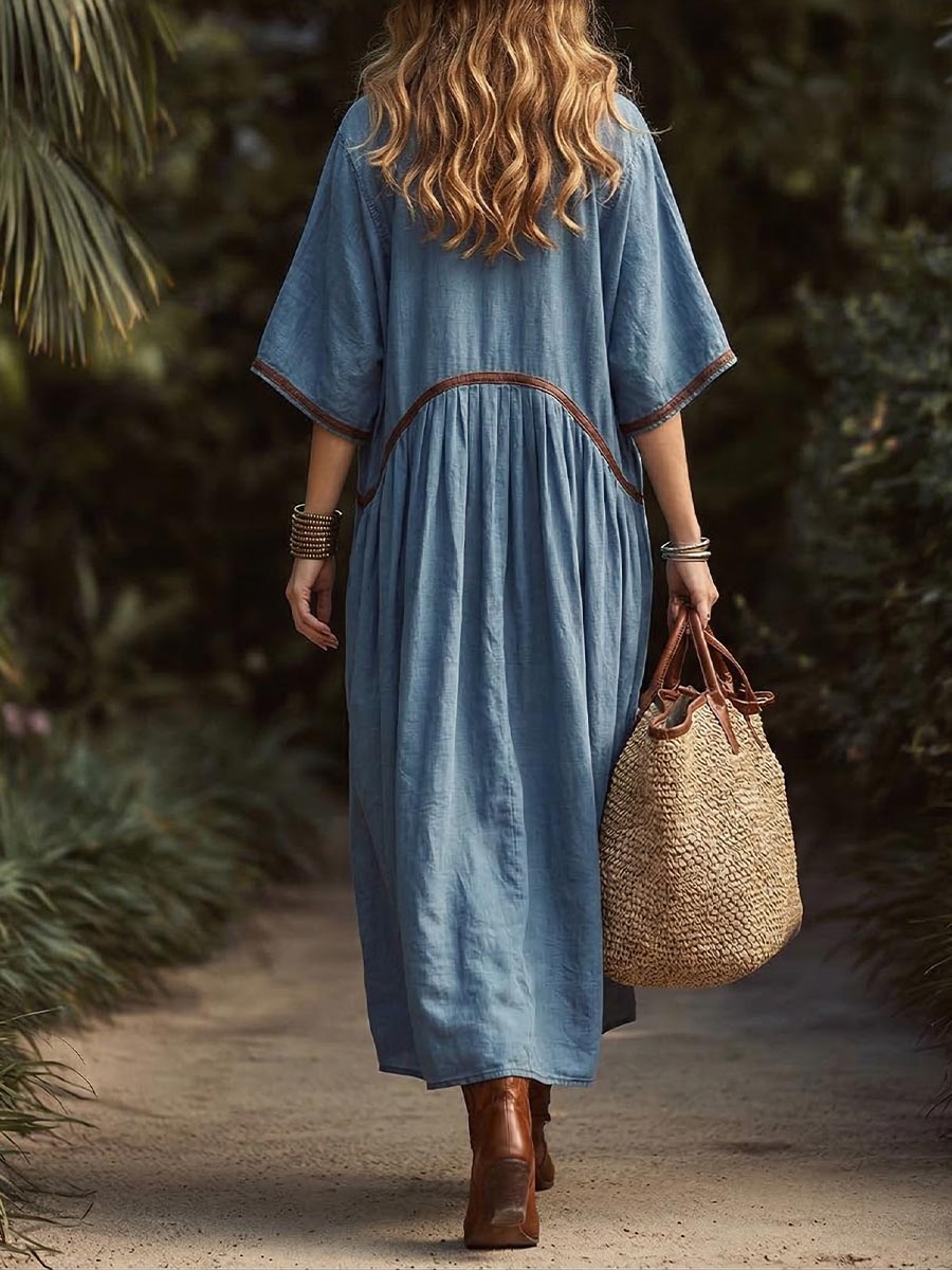 Women's Casual Loose Cotton-linen Dress With Shirt Collar And 3/4 Sleeves
