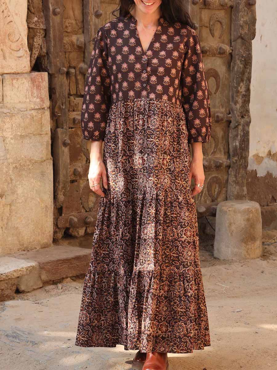 Women's Retro Print V-Neck 3/4 Sleeve Casual Loose A-Line Cotton Dress