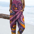 Women's  Retro Colored Octopus Art Print Casual 100% Cotton Wide Leg Jumpsuit