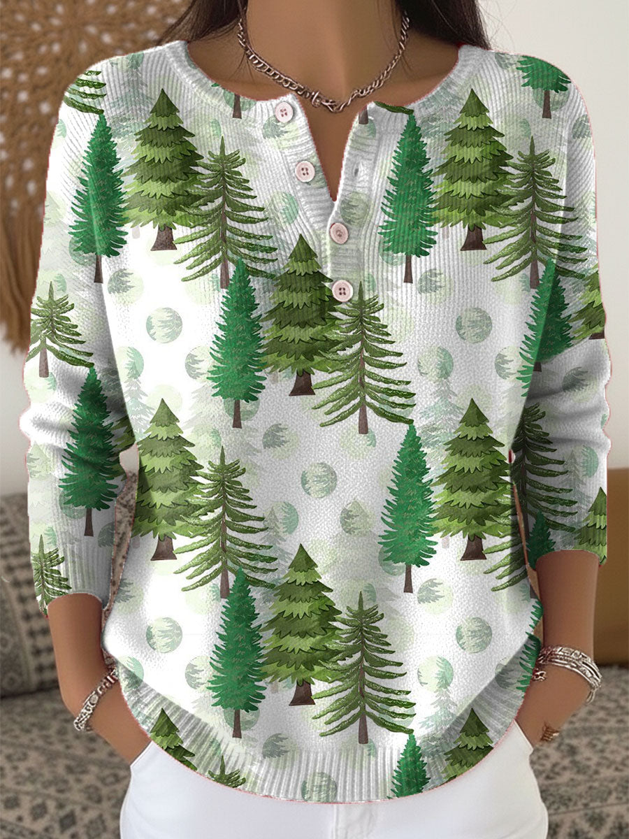 Vintage Christmas Tree Art Print Buttoned Cardigan Sweater