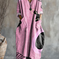 Women's Pink Irregular Art Pattern Print Pocket V-neck Cotton Dress