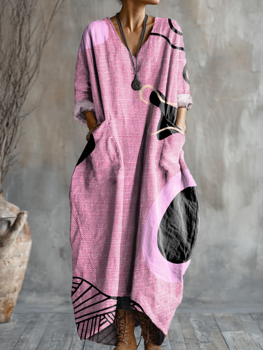 Women's Pink Irregular Art Pattern Print Pocket V-neck Cotton Dress