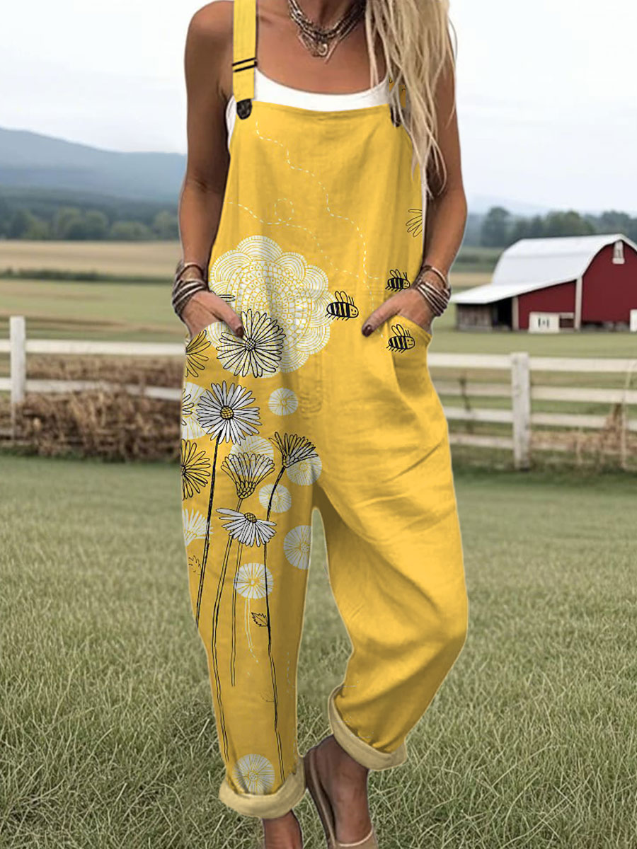Women's Funny Bee Art Print Casual 100% Cotton Wide Leg Jumpsuit