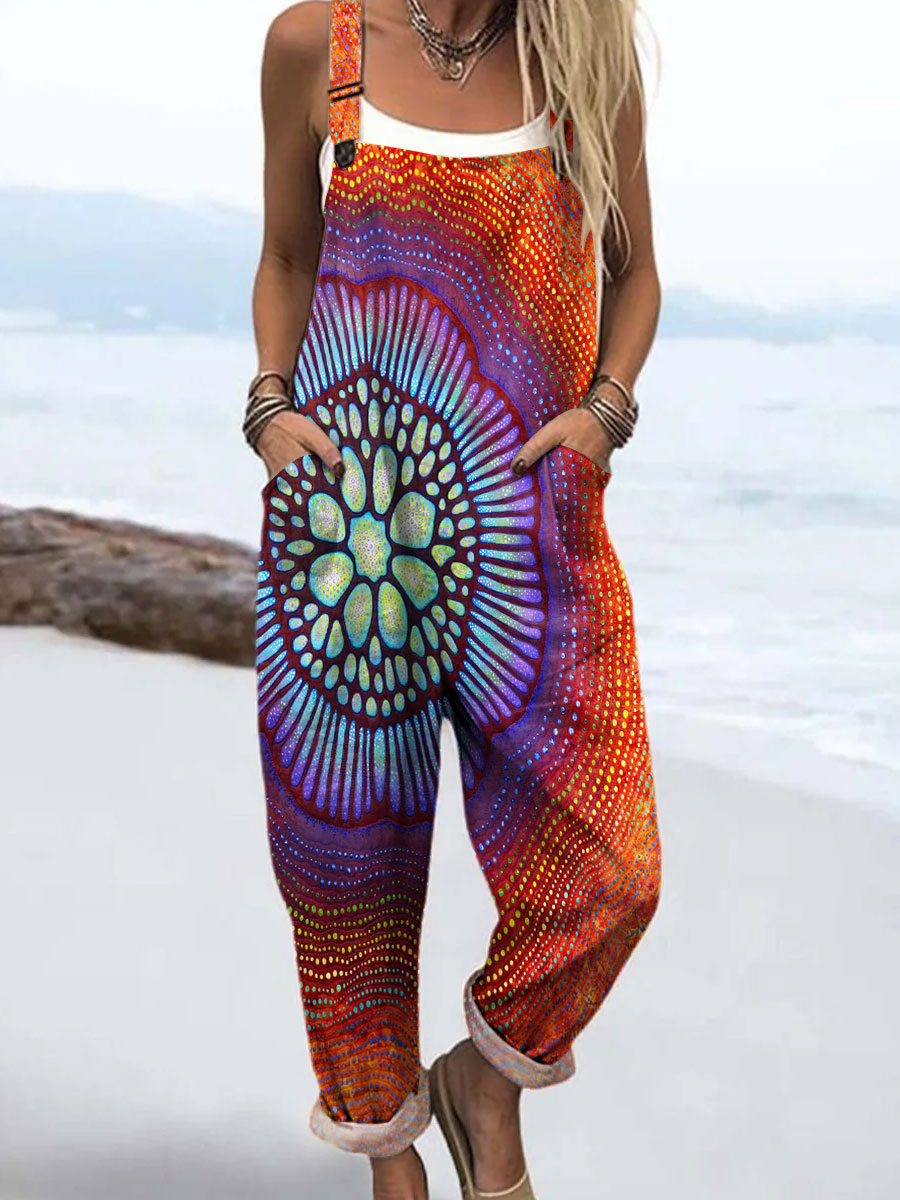 Women's Vintage Floral Abstract Art Print Casual 100% Cotton Wide Leg Jumpsuit