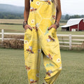 Women's Lovely Floral Bees Art Print Casual 100% Cotton Wide Leg Jumpsuit