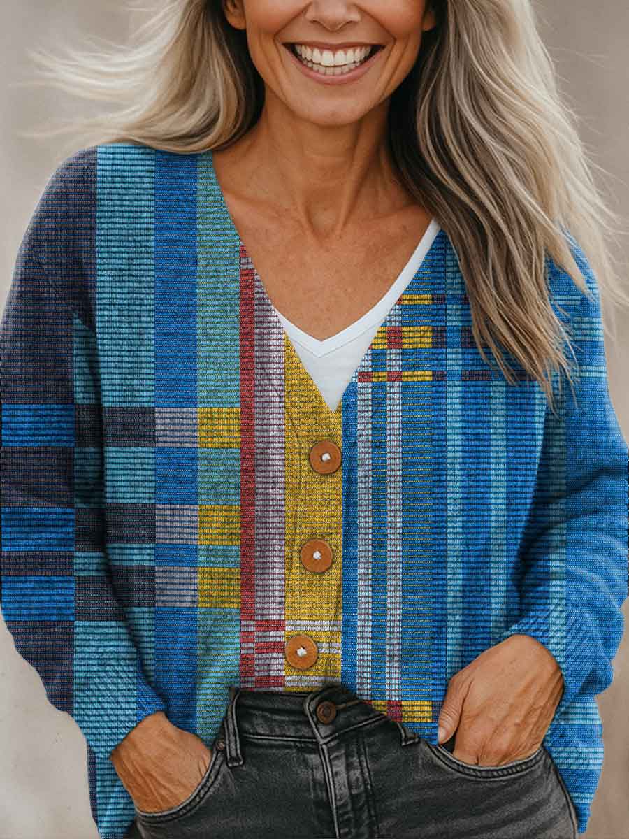 blue-geometric-color-splicing-print-buttoned-v-neck-cardigan-sweater