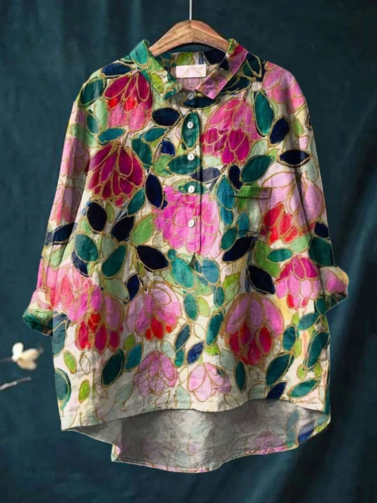 Women's Colorful Flower Print Casual Cotton And Linen Shirt