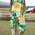 Women's Fun Cartoon Abstract Bee Print Casual 100% Cotton Wide Leg Jumpsuit
