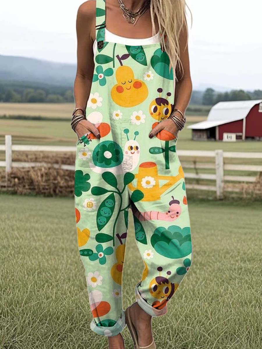 Women's Fun Cartoon Abstract Bee Print Casual 100% Cotton Wide Leg Jumpsuit