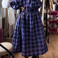 Women's Cotton And Linen Plaid Lantern Sleeve Dress