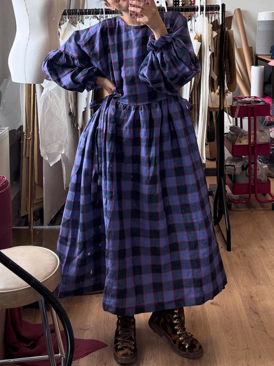 Women's Cotton And Linen Plaid Lantern Sleeve Dress