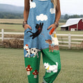 Women's Funny Dog And Cat Pattern Art Print Casual 100% Cotton Wide Leg Jumpsuit