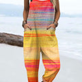 Women's  Autumn Gradient Striped Vintage Art Print Casual 100% Cotton Wide Leg Jumpsuit