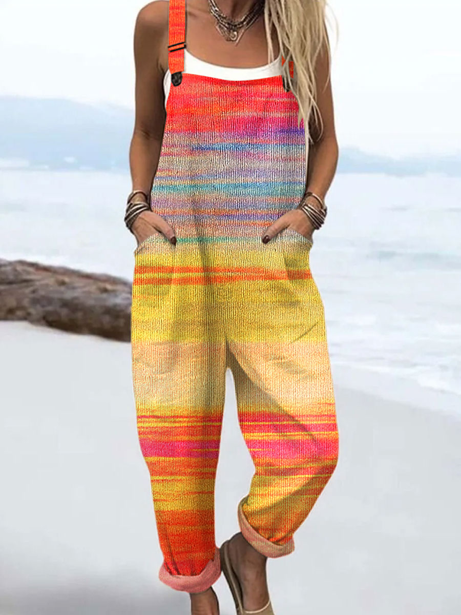 Women's  Autumn Gradient Striped Vintage Art Print Casual 100% Cotton Wide Leg Jumpsuit