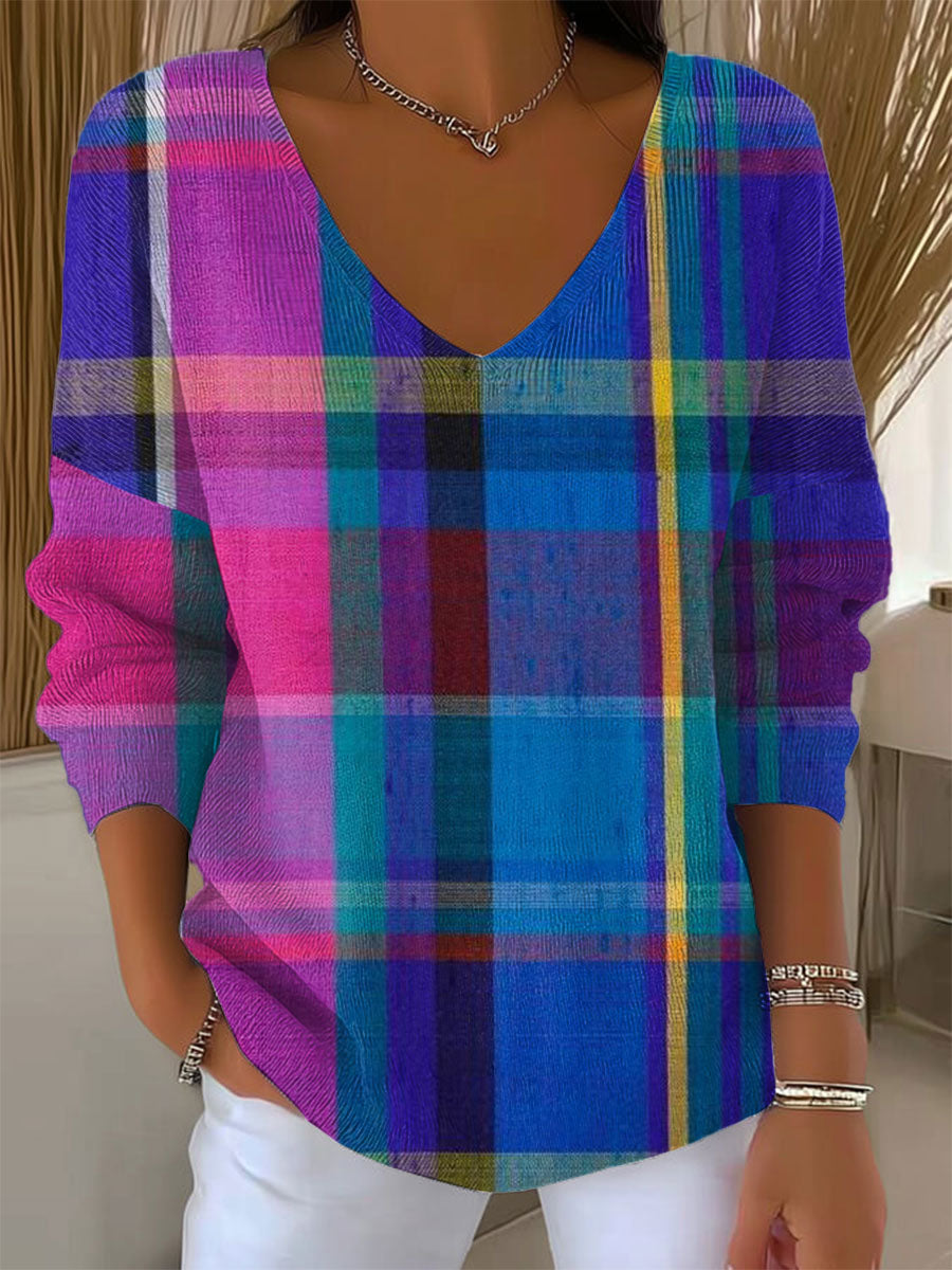 Women's Vintage Abstract Plaid Art Print Casual Pullover Sweater